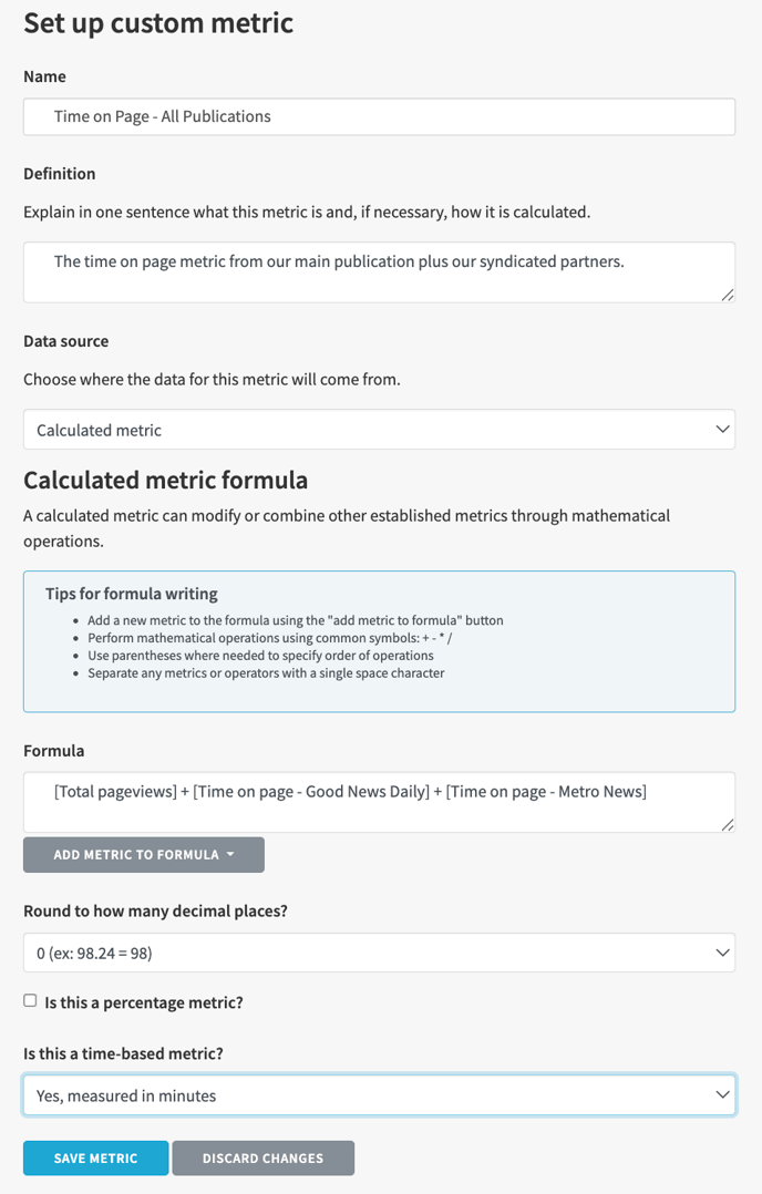 A screenshot of the settings for a calculated metric.