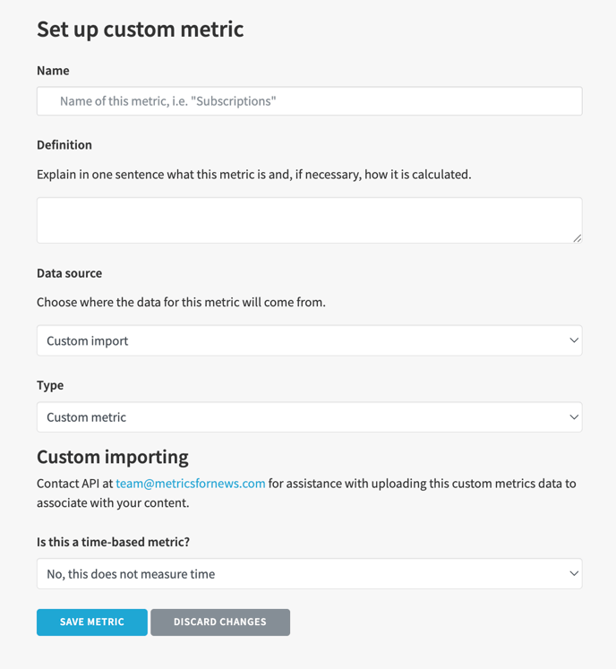 Screenshot of a blank custom metrics form.